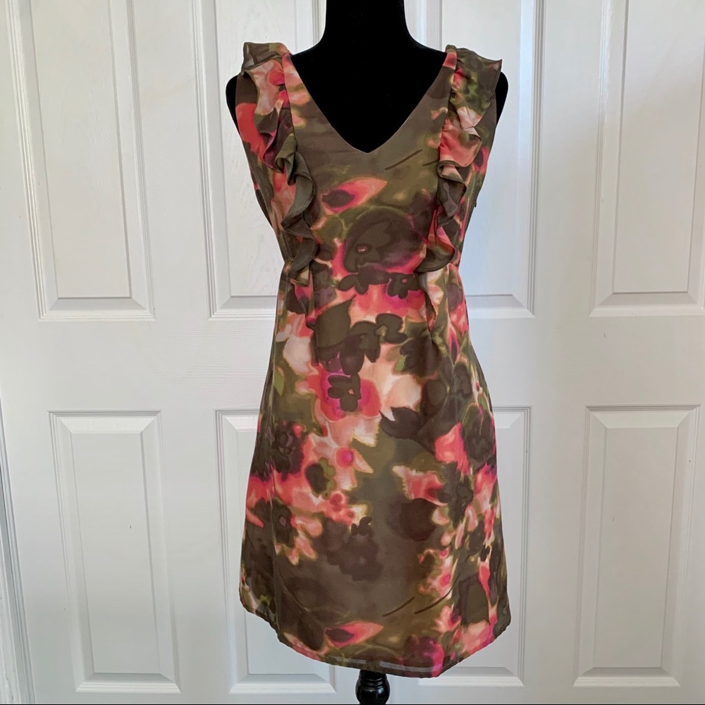 LOFT Brown, Olive, Pink Floral Ruffle Dress